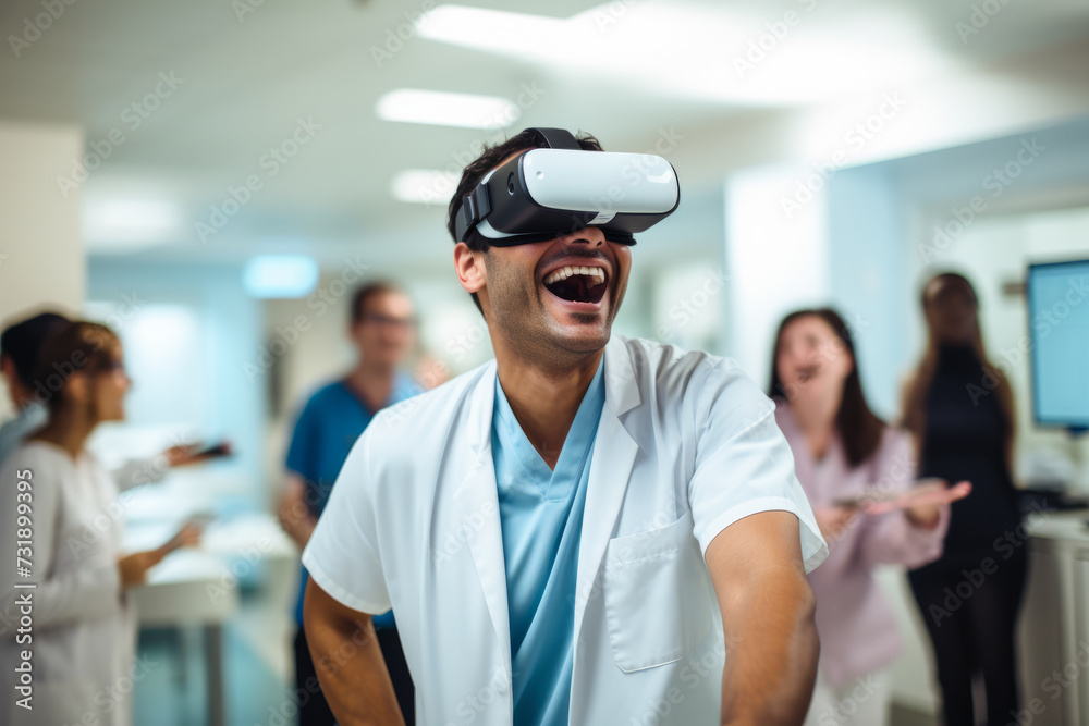 A doctor or nurse healthcare worker wearing VR virtual reality headsets in a hospital A doctor or nurse healthcare worker wearing VR virtual reality headsets in a hospital