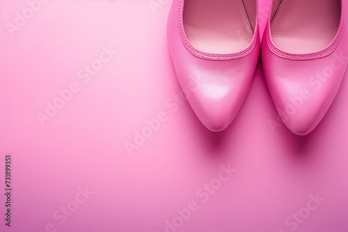 Stylish pink female shoes on pastel background, copy space.