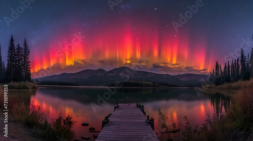 A peaceful night scene with the northern lights (Aurora Borealis) illuminating the sky over a calm lake © Pedro Areias