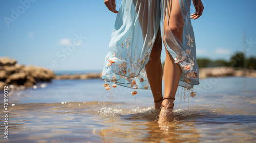 close-up of woman's legs, walking along beautiful beach on glossy, transparent, reflective sand
