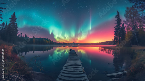 A peaceful night scene with the northern lights  Aurora Borealis  illuminating the sky over a calm lake