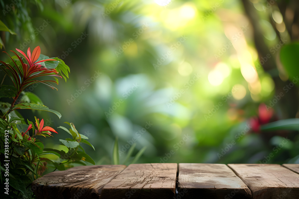 Wood table counter podium in nature outdoors tropical forest background