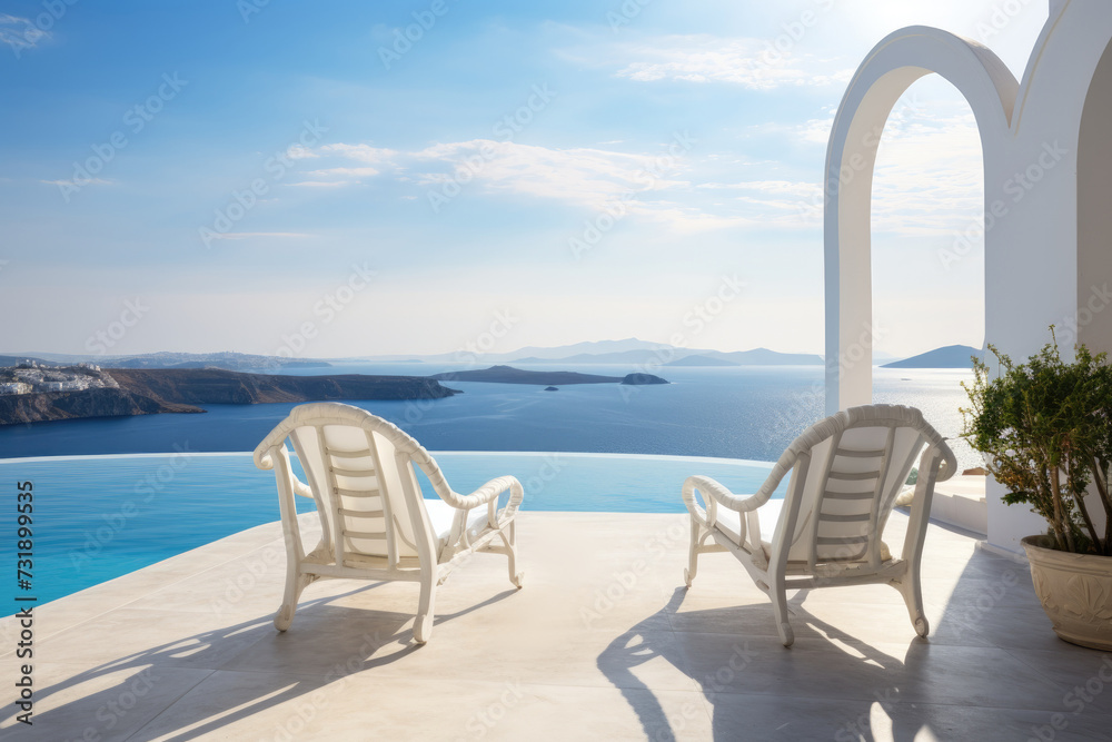 Two white chairs are positioned on the surface of a pool, creating a unique seating arrangement. Two white chairs are positioned on the surface of a pool, creating a unique seating arrangement.