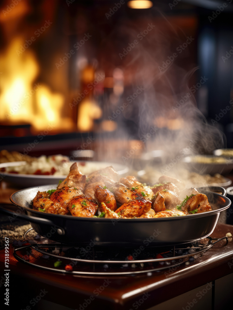 close-up view of cooked chicken in restaurant with steam blurred, kitchen restaurant background 