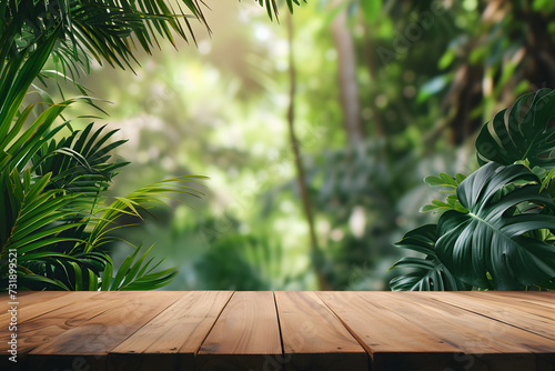 Wood table counter podium in nature outdoors tropical forest background