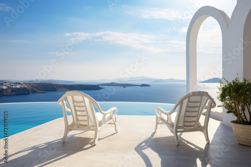 Two white chairs are positioned on the surface of a pool  creating a unique seating arrangement.