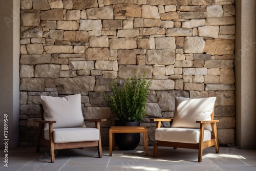 Two chairs placed next to a stone wall in an outdoor setting.