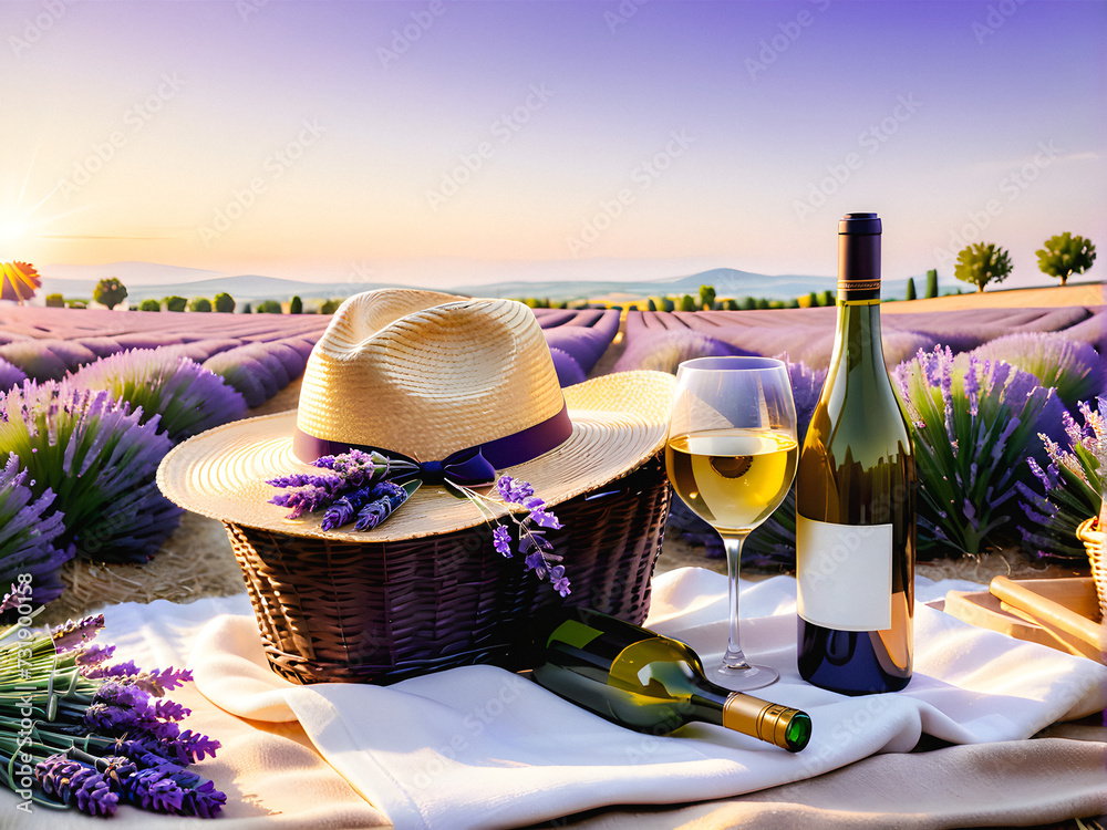 Sunset serenade in Provence: a romantic picnic with wine among lavender fields. generative AI