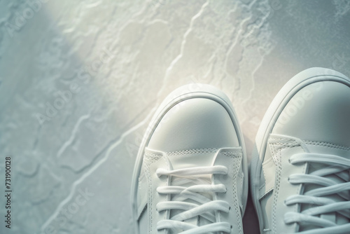 Luxury white leather sneakers layout on a gray background.