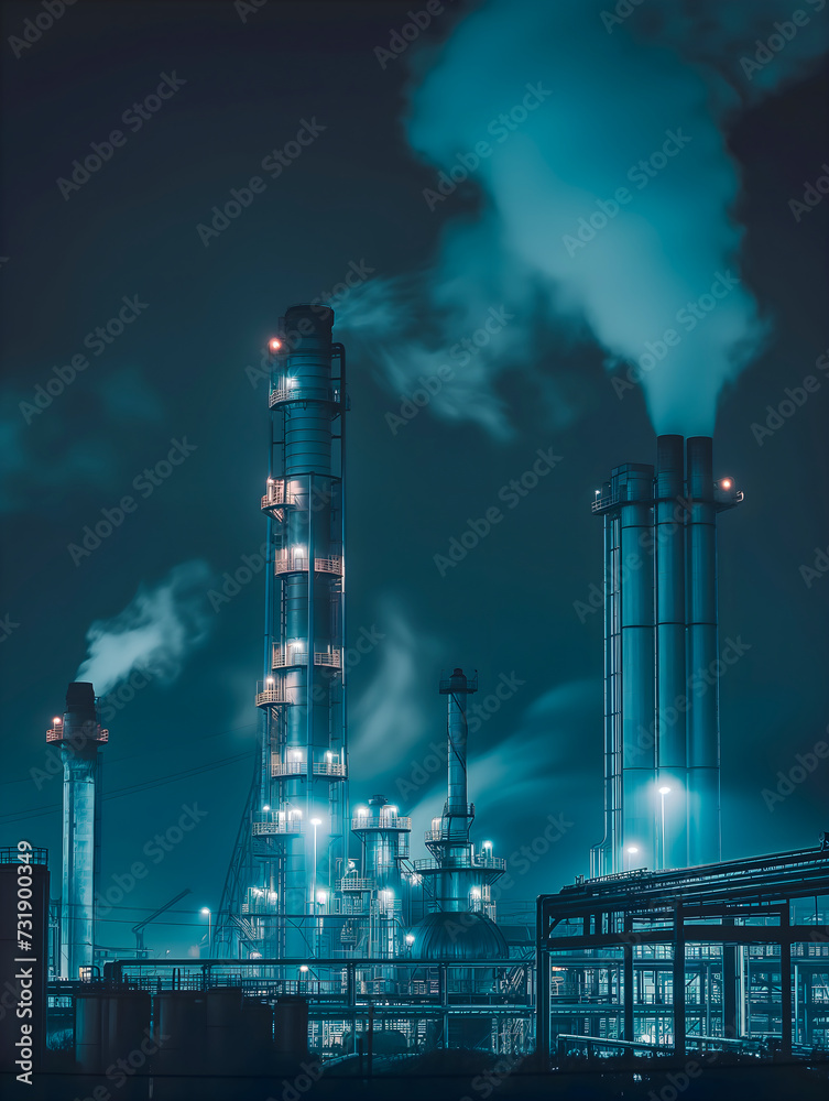 Smoke billows from towering chimneys against a twilight sky, illuminating an industrial complex with a haunting glow
