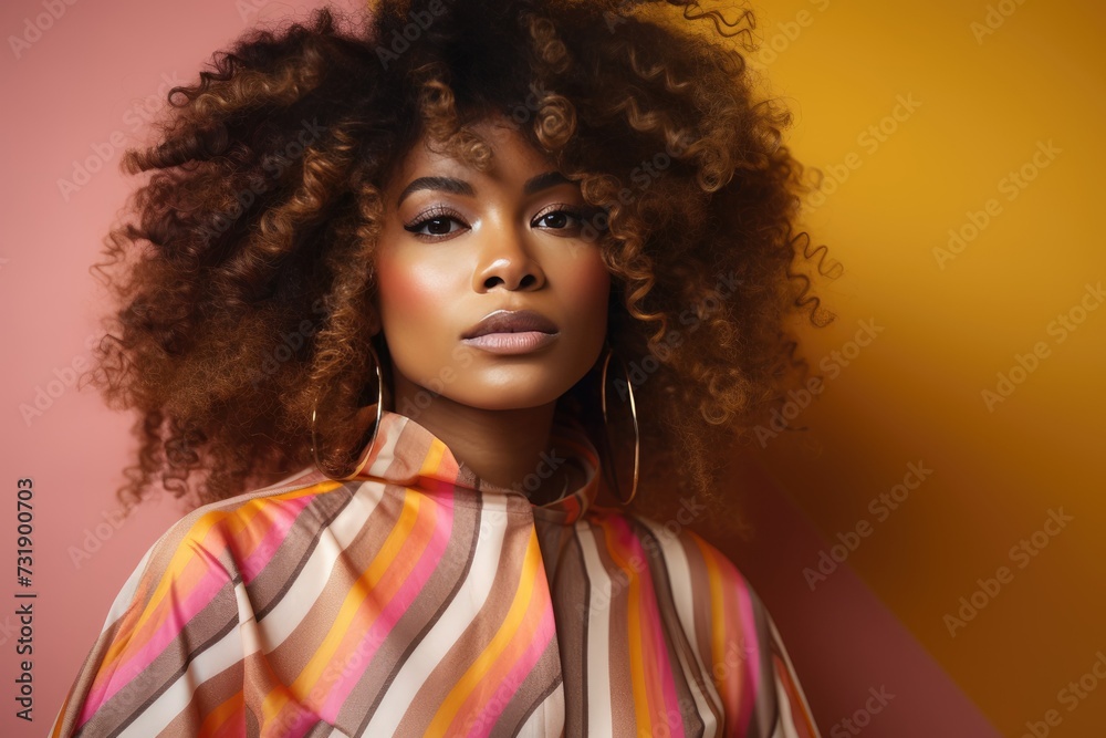 A woman with curly hair is seen wearing a striped shirt. A woman with curly hair is seen wearing a striped shirt.