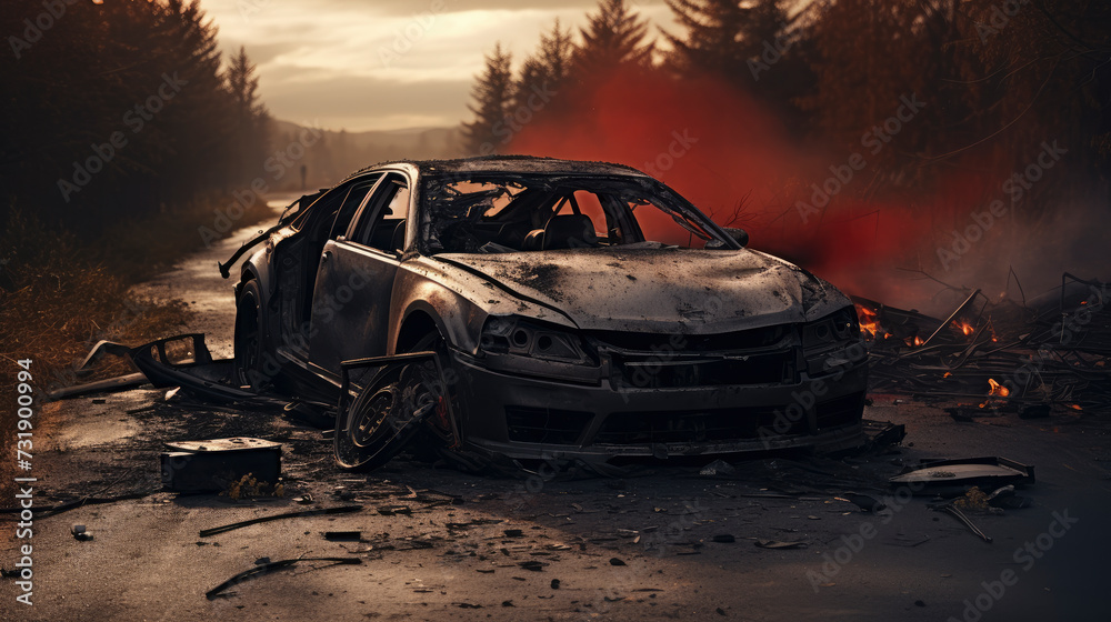 Crashed car in a serene forest backdrop: smoke rising. Wrecked vehicle symbolising the impact of accidents on nature. Tragic beauty in destruction. Crashed car in a serene forest backdrop: smoke rising. Wrecked vehicle symbolising the impact of accidents on nature. Tragic beauty in destruction.