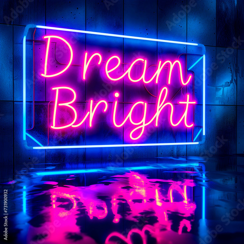 A neon sign beams the words "Dream Bright" in vivid pink and blue, casting a reflective glow on a sleek surface, symbolizing hope and aspiration in the darkness