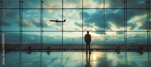 Wallpaper Mural A solitary figure stands in a vast airport terminal, silhouetted against a large window with a view of an airplane taking off into the dramatic sunrise-streaked sky Torontodigital.ca