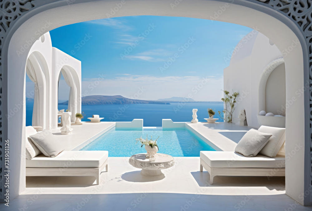 An outdoor pool surrounded by white furniture, overlooking the vast ocean.