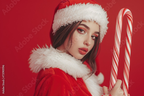 a beautiful girl in santa hat and red bikini posing on red background holding a candy cane