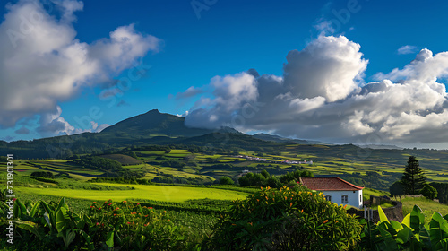 view of azores landscape with cottage in the foreground