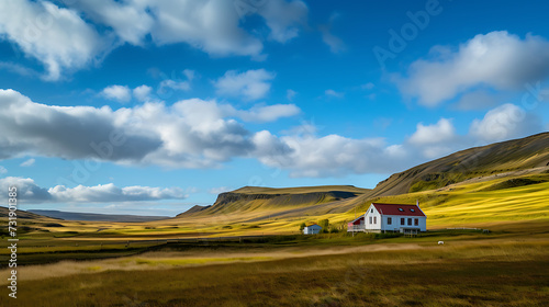 view of Icelandic landscape with cottage in the foreground