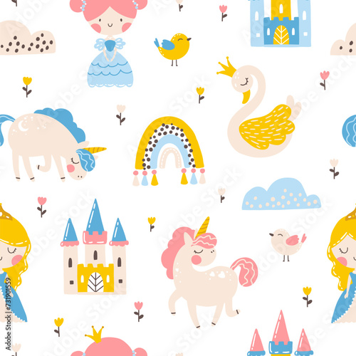 Princess seamless pattern with unicorn, swan, castle and rainbow. Vector illustration of a girl in a fairy kingdom in a hand-drawn cartoon style. The pastel palette is ideal for baby clothes, textiles