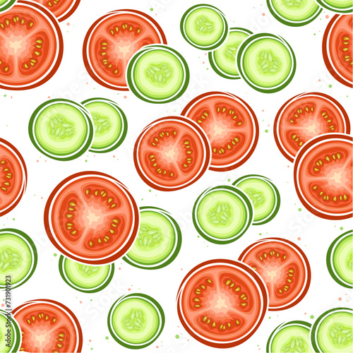 Vector Cucumber and Tomato seamless pattern  repeat background with flying vegetables for bed linen  square poster with group of flat lay cucumbers and tomatoes for home interior on white background