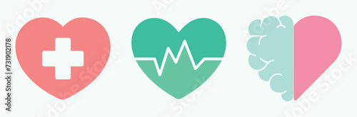 Mental health, healthy, medicine, healing. Heartbeat brain, heart. Hospital, clinic. Psychology, mind, education, intelligence. Set, vector, illustration, icon