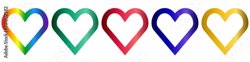 Collection of 5 metallic hearts rainbow, emerald, ruby, gold, sapphire. Vectorized icons. photo