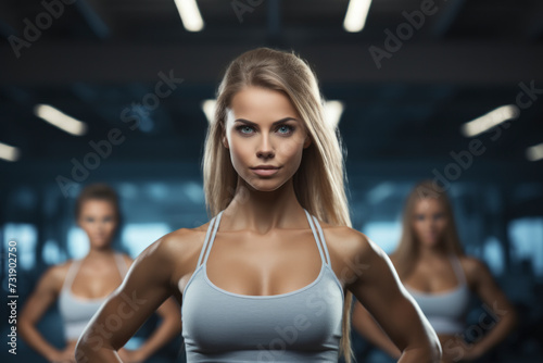 Energetic blonde fitness instructor leads gym class, positive energy convey a message of health and vitality. Perfect for fitnes