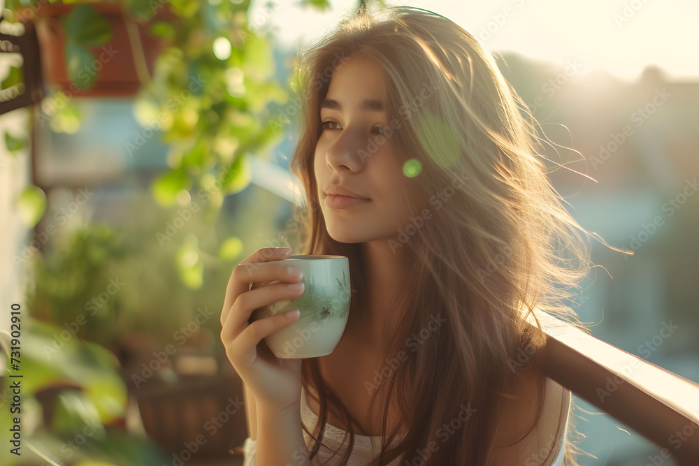 Young girl with long hair relaxing and drinking tea Young girl with long hair relaxing and drinking tea