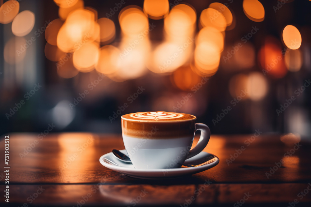 Obraz premium Inviting coffee break ambiance with a detailed cup on a table, creating a cozy atmosphere. Perfect for conveying warmth and sophistication in design projects