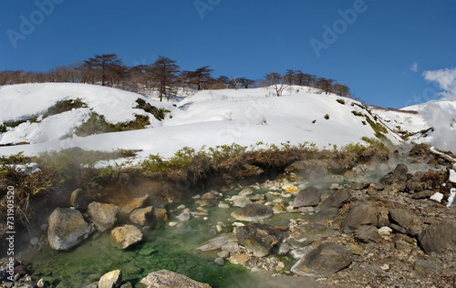 Russia. Kuril Islands. The bed of the thermal spring (Boiling River) near the Baranovsky volcano has a picturesque bright emerald color. The temperature of the water in the baths reaches 40 degrees. photo