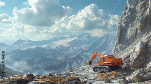 Excavator rocky cliff rock, a huge excavator is working on a desert site, an excavator is parked on a large rocky incline, this picture of an excavator digging in rocky ground