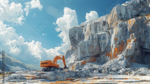Excavator rocky cliff rock, a huge excavator is working on a desert site, an excavator is parked on a large rocky incline, this picture of an excavator digging in rocky ground