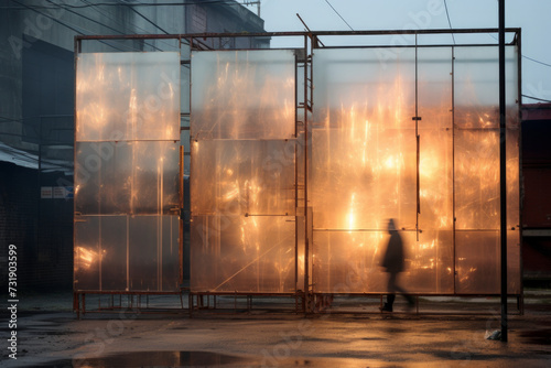 Blurred figure walks in front of contemporary art installation against a backdrop of industrial architecture, merging creativity with the grit of urban existence