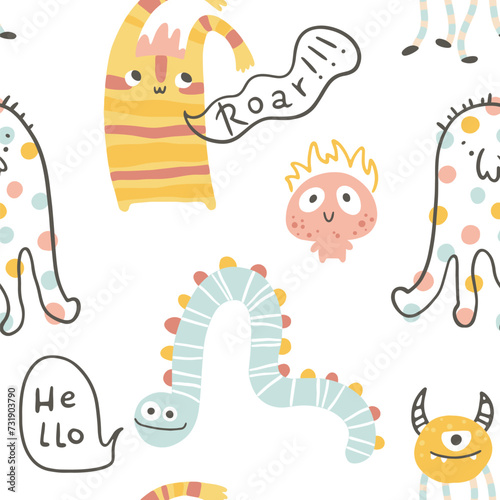 Monster Halloween seamless pattern with lettering. Cute cartoon characters in simple hand-drawn Scandinavian style. Vector childish funny doodle illustration. Baby clothes, textiles, fabric.