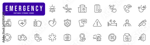 Emergency line icon set. Ambulance, hospital, phone, call, sos, alarm etc. Editable stroke