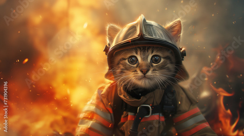 kitten firefighter in a dangerous situation surrounded by fire and smoke
