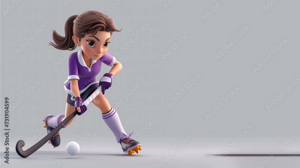 A woman cartoon field hockey player in purple jersey with a stick