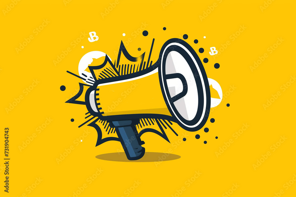 Fashionable yellow advertising banner with a megaphone, attracting attention, in the style of a retro poster for marketing sales and promotions