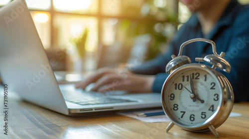 Alarm clock in the foreground, working entrepreneur on laptop in office in the background, workflow, workday, time management concept