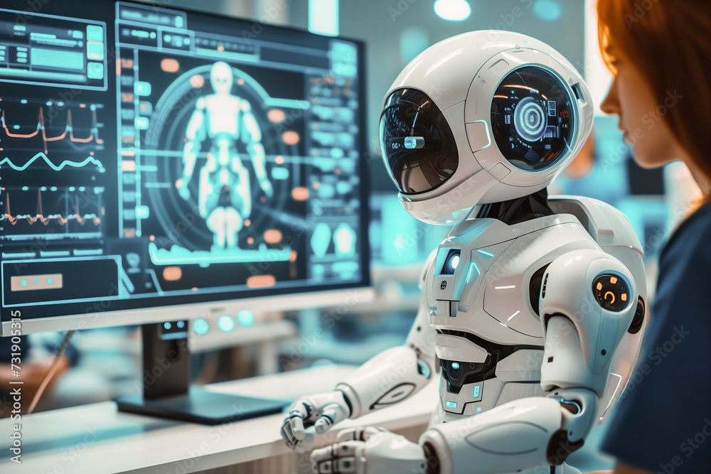 Fototapeta premium AI assistance robot provides the diagnosis information to the doctor, medical ai concept