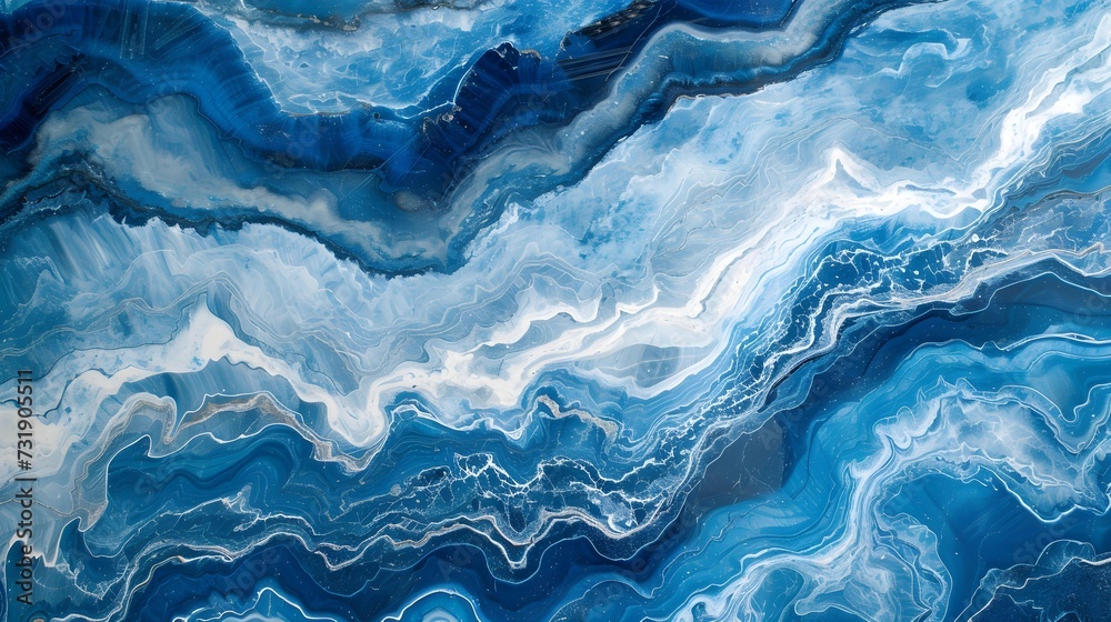 Abstract blue agate stone pattern with waves of varying shades of blue, resembling oceanic currents in an artistic representation.
