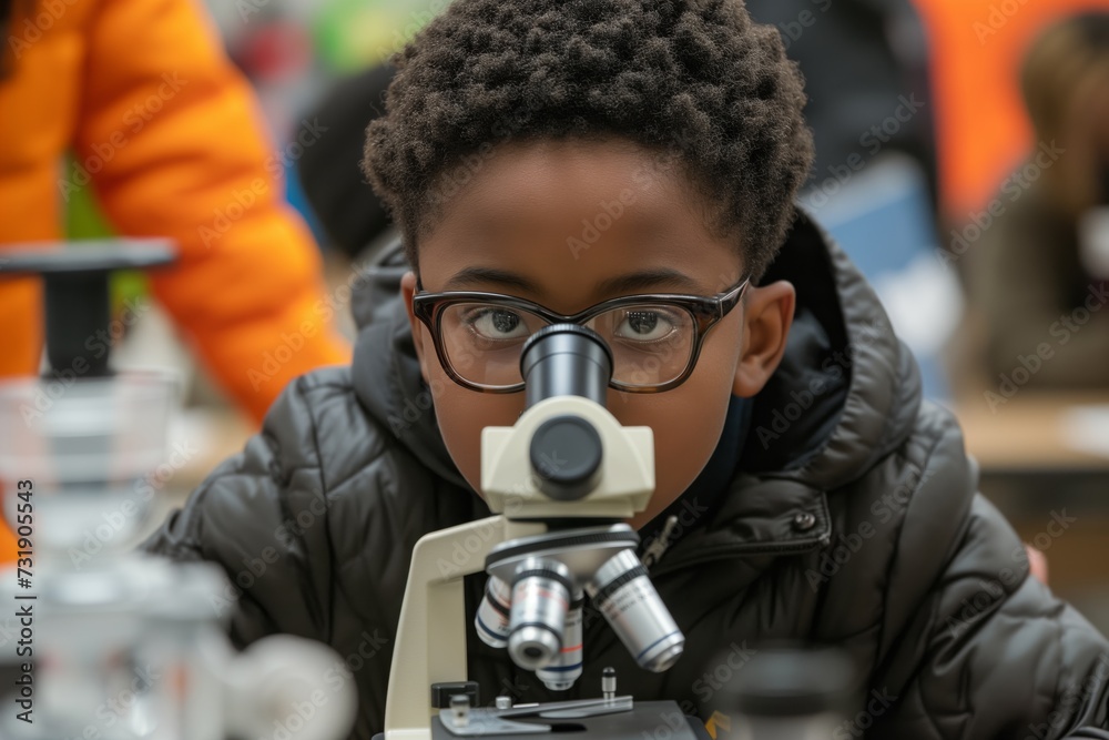 African American boy with glasses peers through microscope, intense focus, engaged in science class, educational discovery. Young student in winter coat examines specimen, science class focus