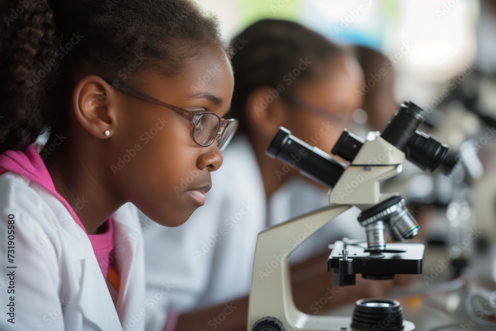 African female student focus intently on microscope in science class, collaboration evident, educational pursuit. women study with microscopes, engaged in science education, focused classroom activity