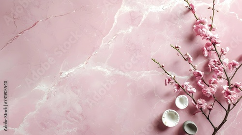 A delicate composition on pink marble background with cherry blossom branches and artistic ceramic dishes, embodying spring's gentle beauty.
