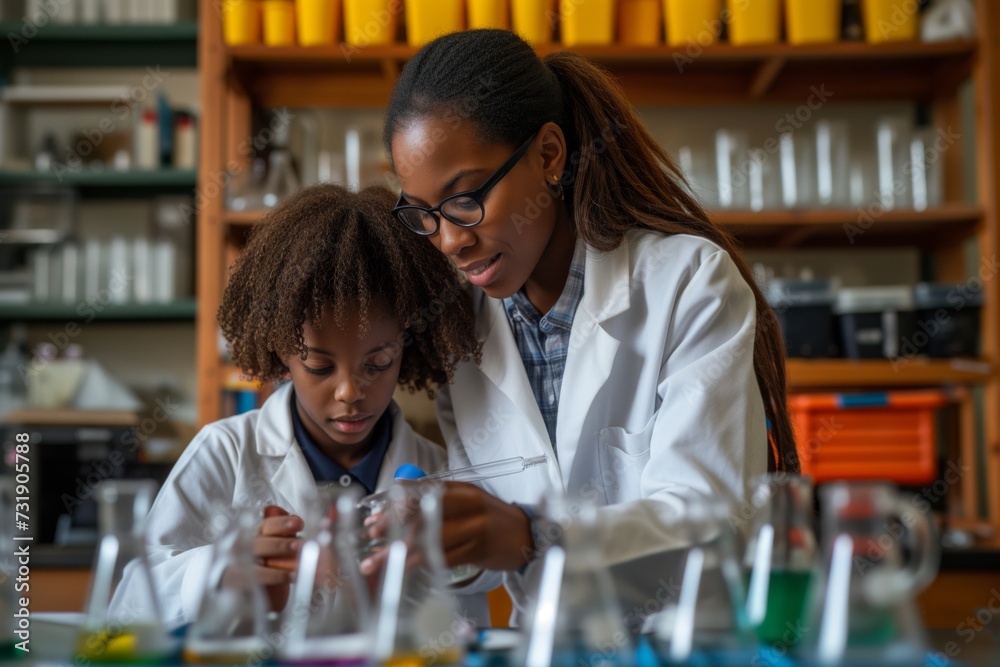 Diverse young students and teacher at science table, engaged learning, interaction, scientific discovery, educational moment. Teacher guides diverse children in exploration, classroom interaction Diverse young students and teacher at science table, engaged learning, interaction, scientific discovery, educational moment. Teacher guides diverse children in exploration, classroom interaction