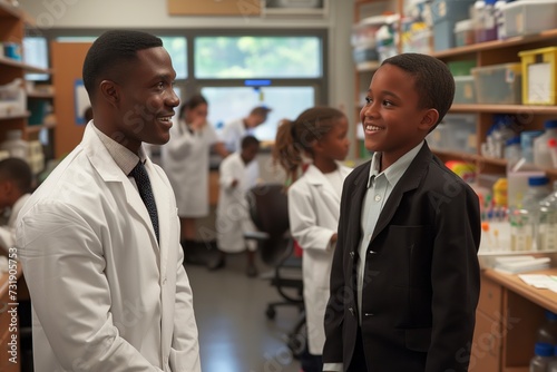 African American teacher laughing with students, science class fun, engaging education, enthusiastic learning, joyful moment. Happy African American male teacher in lab, captivating young students, © Thaniya
