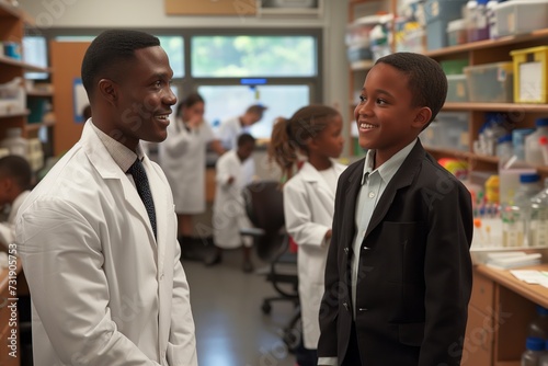 African American teacher laughing with students, science class fun, engaging education, enthusiastic learning, joyful moment. Happy African American male teacher in lab, captivating young students,