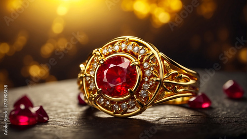 Luxurious gold ring with red garnet. Golden bokeh