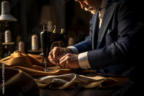 Tailor's hands intricately sewing a bespoke suit, highlighting the meticulous craftsmanship and attention to detail in the world of bespoke fashion, blurred background, cinematic feel.