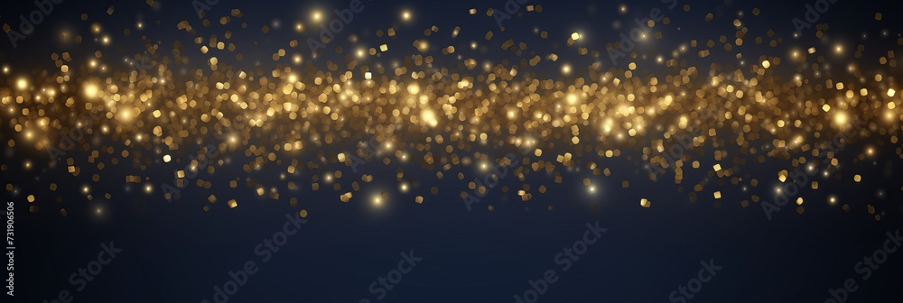 Golden light shine bokeh particles on navy blue background with gold foil, festive holiday concept. Golden light shine bokeh particles on navy blue background with gold foil, festive holiday concept.